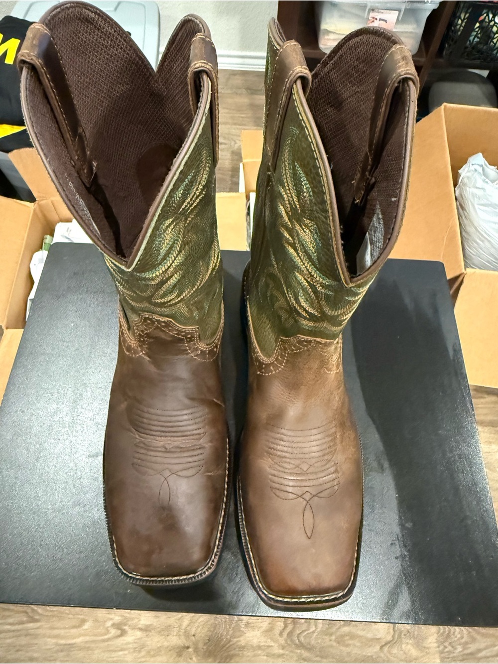 Justin Boots Brown Foot and Olive Green Embroidered Shaft Western Boots